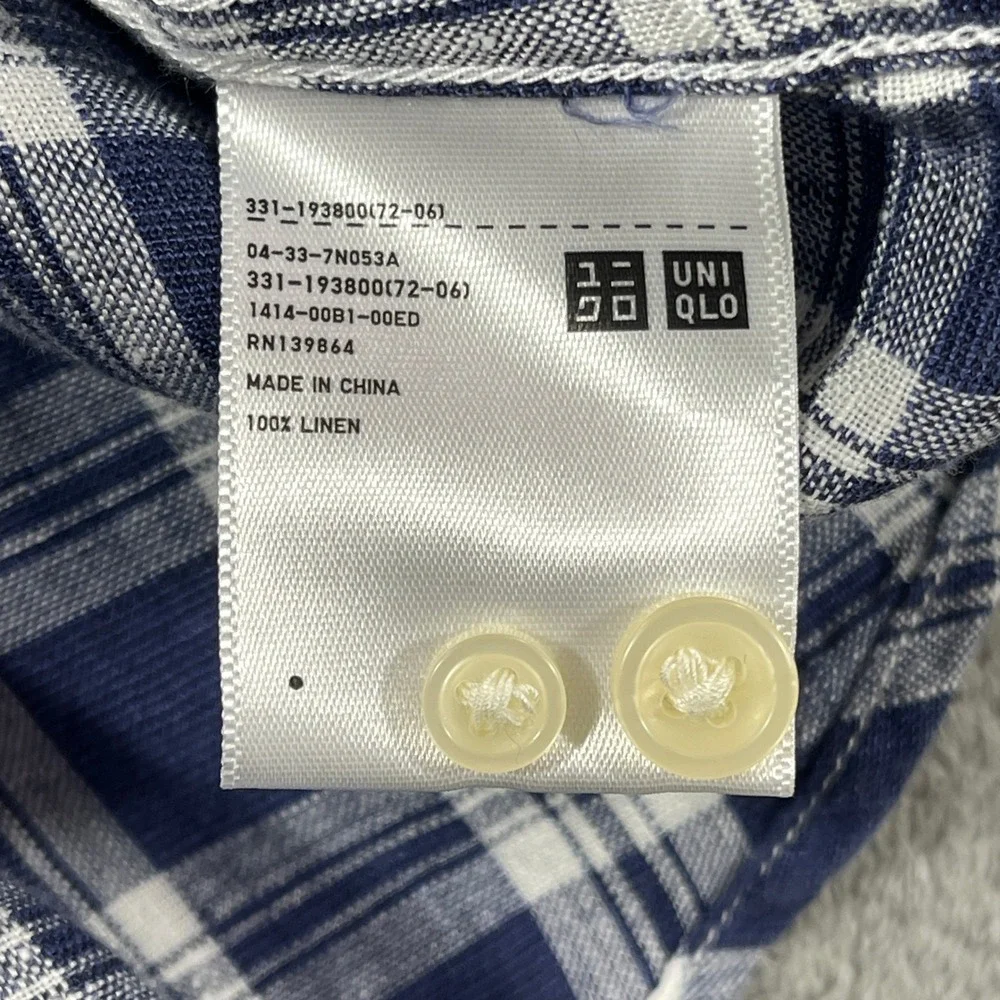 Uniqlo Button Up Shirt Mens Large Blue Plaid 100% Linen Long Sleeve Pocket‎